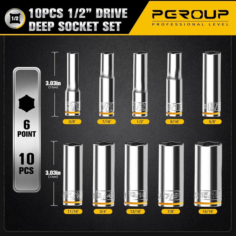 pgroup 10PCS 1/2” Drive Deep Socket Set, SAE (3/8"-15/16"), 6-Point, Cr-V Steel, Chrome Plated Socket With Hanging Bracket, Cover Most Commonly Sizes - Image 1